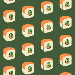 Seamless colored pattern with cartoon Japanese sushi roll