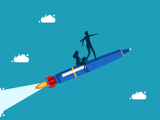Business team flying with pen. success in teamwork vector illustration