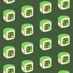 Seamless colored pattern with cartoon Japanese sushi roll