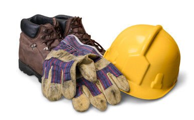 Yellow construction helmet and worker gloves
