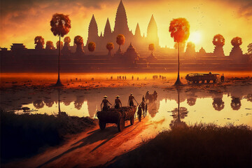 Angkor Wat during its heyday , sunset time, 8k , beautiful lightCG Digital Painting AI Neural Network Computer Generated Art