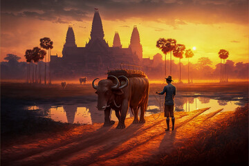 Angkor Wat during its heyday , sunset time, 8k , beautiful lightCG Digital Painting AI Neural Network Computer Generated Art