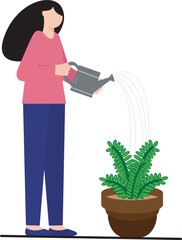 Woman is giving water to plants. Happy girl with watering can takes care of nature. Lady watering green plants, trees.