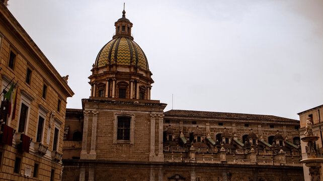 wide View of Piazza Bellini Square, Santa Maria dell'Ammiraglio Church known as Martorana Church and San Cataldo church. Palermo, sicily, Italy