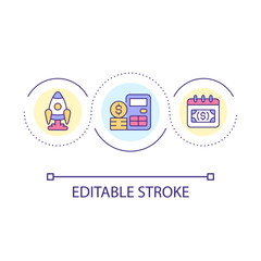 Raising money for startup business loop concept icon. Fundraising option abstract idea thin line illustration. Calculating profit. Isolated outline drawing. Editable stroke. Arial font used