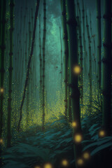 Beautiful bamboo forest at night time with beautiful fireflies lighting, concept art graphic design.
