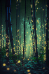 Beautiful bamboo forest at night time with beautiful fireflies lighting, concept art graphic design.