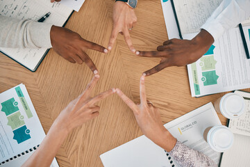 Group, fingers and star shape in office, diversity and teamwork at startup workshop with...