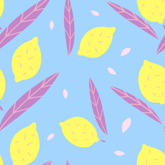 Fresh pattern with lemons and lemon leaves on a blue background. Seamless illustration.