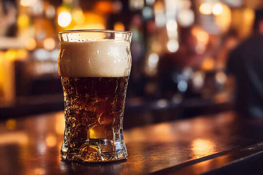 Mug full of beer on a bar counter, dramatic lighting, generative AI illustration