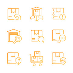 Logistics pixel perfect gradient linear vector icons set. Parcels management. Orders distribution. Delivery services. Thin line contour symbol designs bundle. Isolated outline illustrations collection