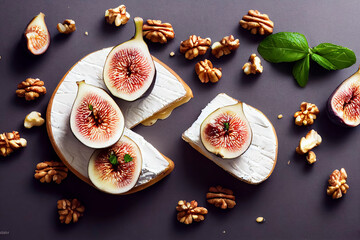 Obraz na płótnie Canvas Brie cheese served with figs and walnuts, generative AI illustration