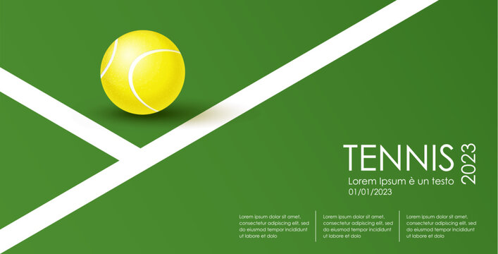 Tennis championship and tournament poster. Illustration for sports competition, lawn tennis championship. Ball on the Line. Tennis court and ball. Sports equipment. Modern illustration for card, cover
