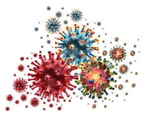 Triple virus outbreak or Tripledemic Covid Flu And RSV or respiratory syncytial virus with three pathogen cells dangerous infectious disease cells as a health concept 
