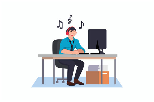 Businessman with desktop computer listening music wearing headphones