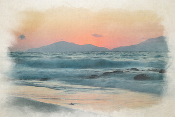 Digital watercolor painting of the sea at sunset.