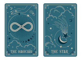 The Magician and The Star tarot card illustration fortune telling occult mystic esoteric. Celestial Tarot Cards Basic witch tarot - obrazy, fototapety, plakaty