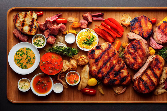 Board of grilled meats, vegetables food photography, generative AI illustration