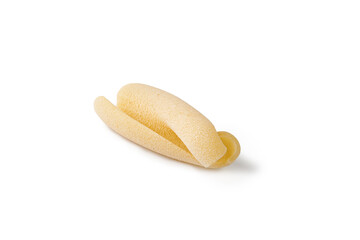 Italian homemade pasta isolated on white background. Maccheroni, Maccheroncini. One piece.
