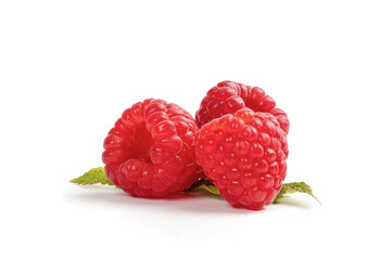 Raspberry berries with green leaf isolated on white background. Raspberry with clipping path.