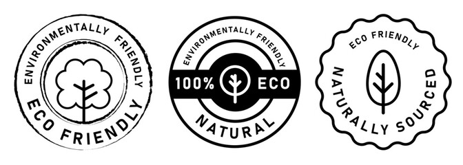 Eco friendly ethically sourced natural label and stamp in black white transparent format tree icon