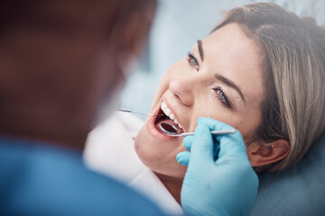 Teeth, dental or woman at a dentist for surgery, teeth whitening or mouth cleaning for gum disease...