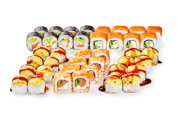Japanese uramaki and makizushi rolls with salmon, masago, cheese