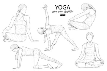 hand drawn illustration of yoga body posture set. vector drawing.