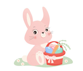 Cute cartoon rabbit and basket with easter egg, carrot