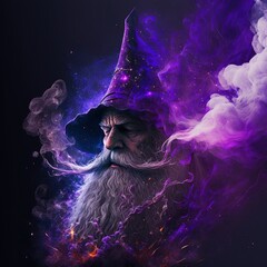 illustration wizard with a magic hat and purple smoke made with generative ai