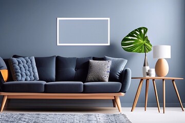 Blue modern living room with frame for mockup 3d render