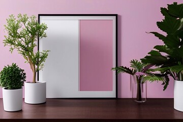 Pink modern living room with frame for mockup 3d render