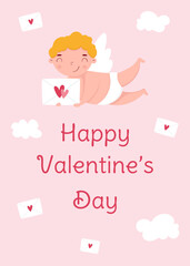 Valentine's Day greeting card with cute cupid, envelopes and clouds. Template for greeting card, invitation, poster, banner, gift tag