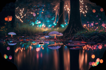 incredible magical enchanted forest during nighttime with colorful mushrooms and beautiful lighting