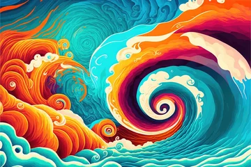 Poster Turbulent golden hour clouds and impossibly big blue rolling ocean waves seascape, looming tropical storm colorful illustration. © SoulMyst