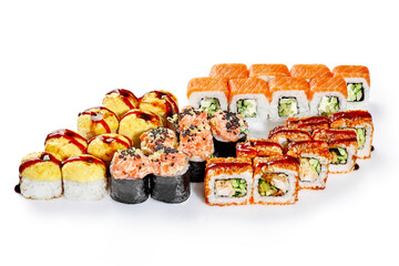 Set of popular Japanese sushi rolls for friendly party
