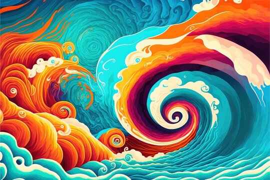 Fototapeta Turbulent golden hour clouds and impossibly big blue rolling ocean waves seascape, looming tropical storm colorful illustration.