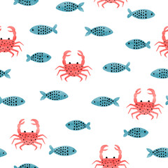 Seamless sea pattern with cute crabs and fish. Vector watercolor ocean illustration. - 555602978