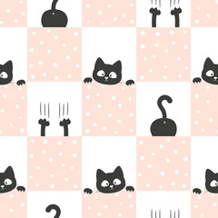 Cute black cat seamless pattern. Vector illustration for kids, nursery design