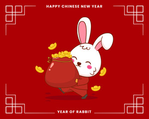 Happy Chinese new year greeting card 2023 with cute rabbit wearing traditional costume. Rabbit holding a bag of gold. Year of rabbit. 