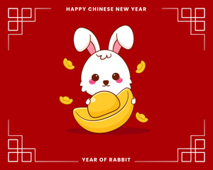 Happy Chinese new year greeting card 2023 with cute rabbit wearing traditional costume. Rabbit holding gold ingot. Year of rabbit. 