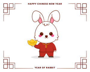 Happy Chinese new year greeting card 2023 with cute rabbit wearing traditional costume. Rabbit holding gold ingot. Year of rabbit. 