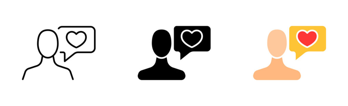 Dating app set icon. Website, meeting, heart, feeling, love, like, finger, speech bubble, couple. Long distance relationships concept. Vector icon in line, black and colorful style on white background