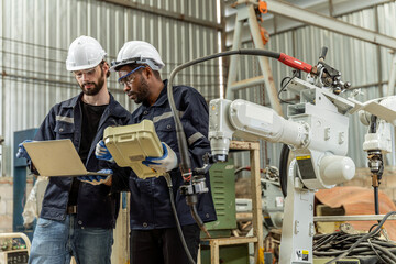 A team of male and female engineers meeting to inspect computer-controlled steel welding robots. Plan for rehearsals and installation for use.