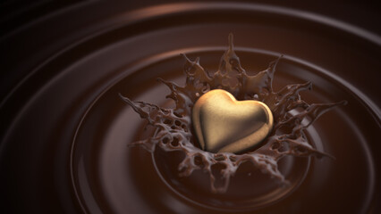 Golden heart shaped candy splashing into chocolate