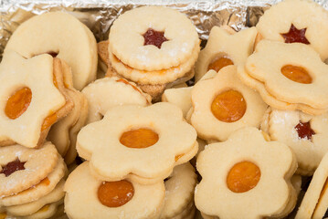 Homemade christmas cookies filled with jam