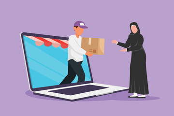 Fototapeta na wymiar Graphic flat design drawing male courier comes out of canopy laptop screen and give package box to Arabian female customer. Fast respond and online delivery metaphor. Cartoon style vector illustration