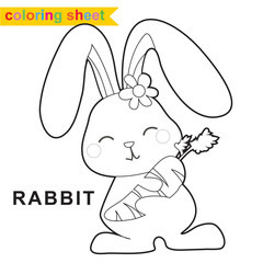Cute farm animal coloring page. Cute and funny rabbit holding a carrot cartoon character. Coloring worksheet for preschool children. Vector illustration. The kawaii rabbit in the farm.