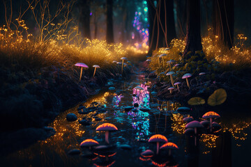 colorful mushrooms and beautiful lighting, incredible magical enchanted forest during nighttime 