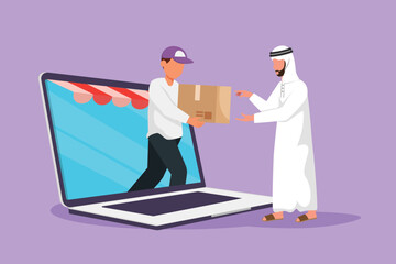 Fototapeta na wymiar Cartoon flat style drawing young male courier comes out of canopy monitor screen and give package box to Arab man customer. Fast respond in online delivery concept. Graphic design vector illustration